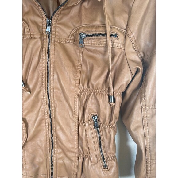 VTG Miss Posh Womens Size L Camel Vegan Faux Leather Zip Jacket Detachable Hood - Picture 7 of 13